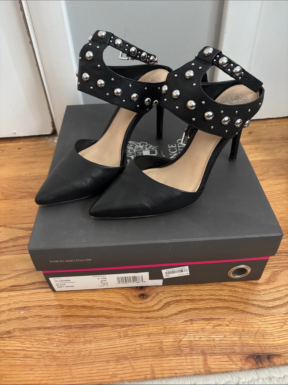 Vince Camuto Black Studded Pointed Ankle-Strap Heels